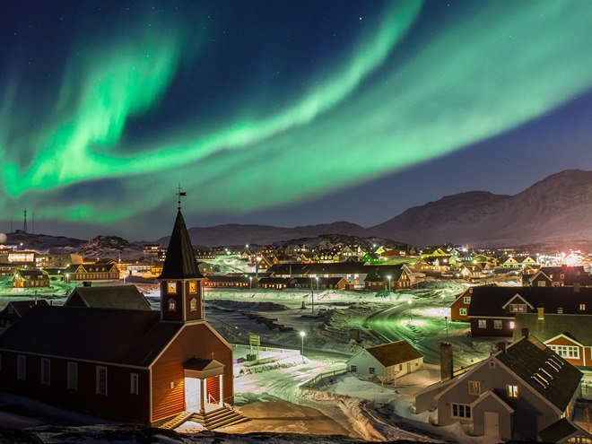 Northern lights over the city of Nuuk in Greenland.