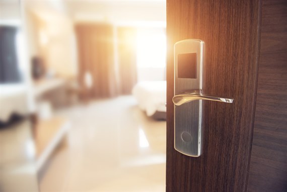 open door to a hotel room