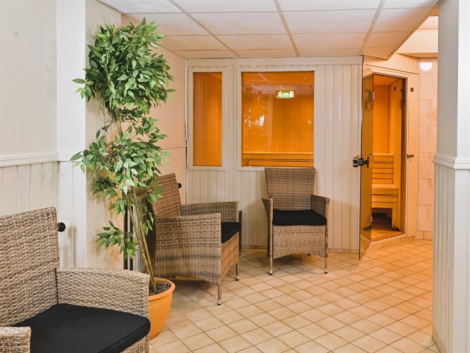 Relaxavdelning med bastu. Bild.