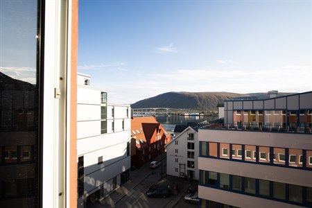 Udsigt over det omkringliggende område, fjorden og bjergene.