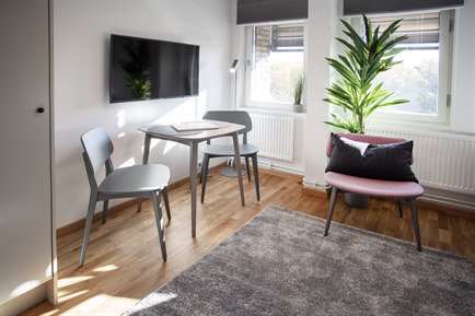 Living room Studio B apartment at Kista. Photo.