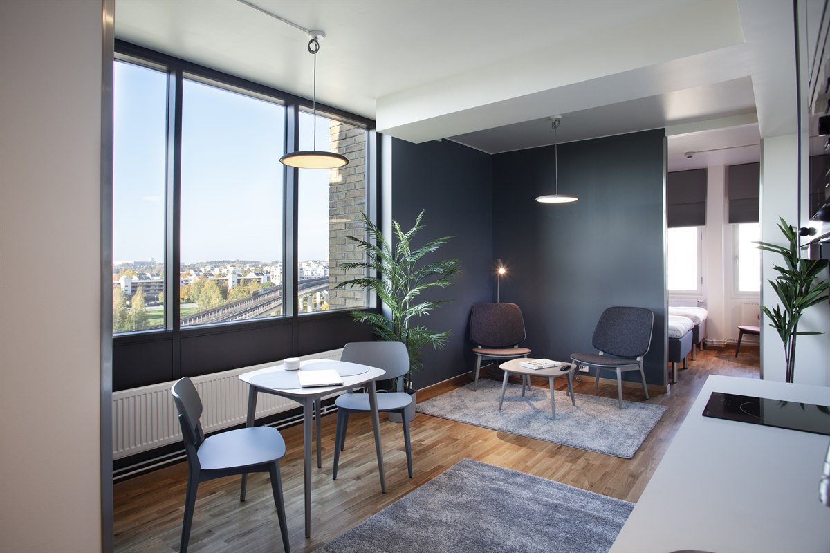 Stue Studio A+ leilighet studiohotellet Kista. Bilde.