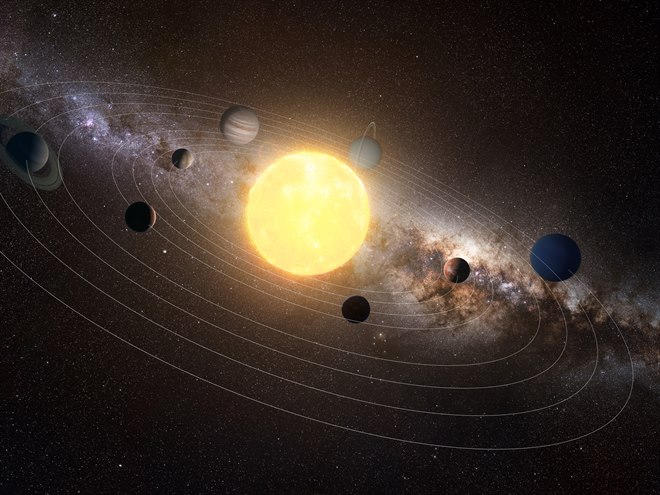 En grafisk bild över solsystemet.
