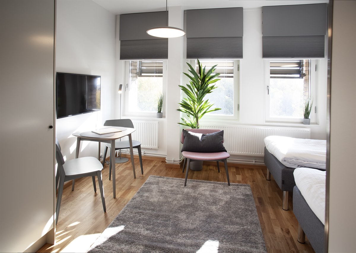 Stue Studio B leilighet på Kista. Bilde.