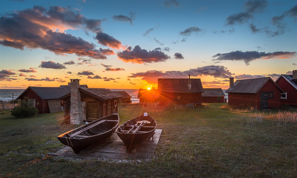 cottages in sunset
