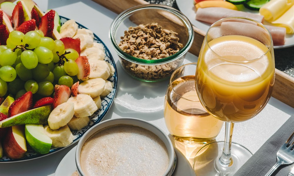 a tray with food and drinks
