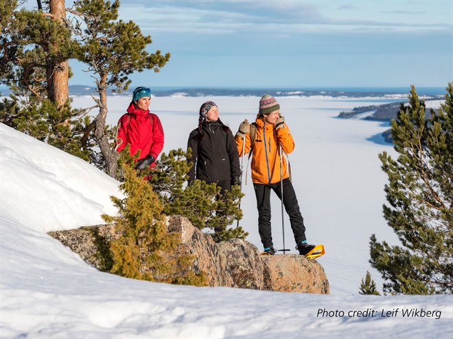 Tre personer på vintervandring. Bild.