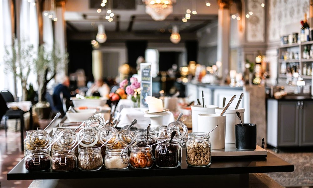 Prepared breakfast buffet in the dining room.
