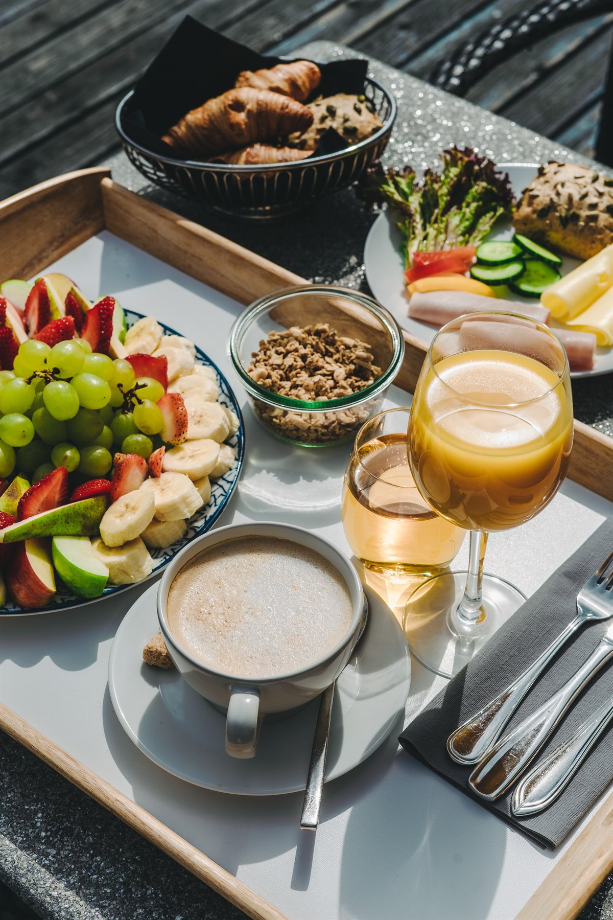 a tray with food and drinks