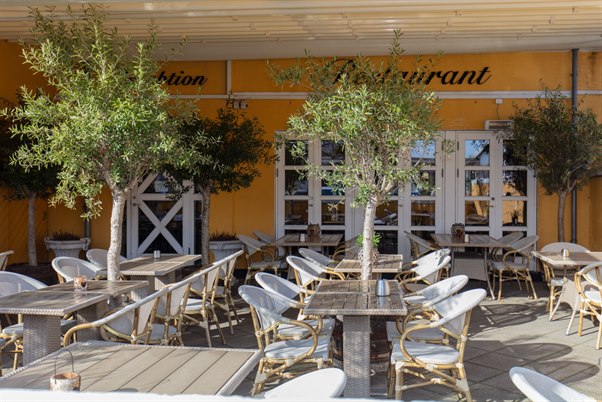 Nice restaurant with green decoration. Photo.